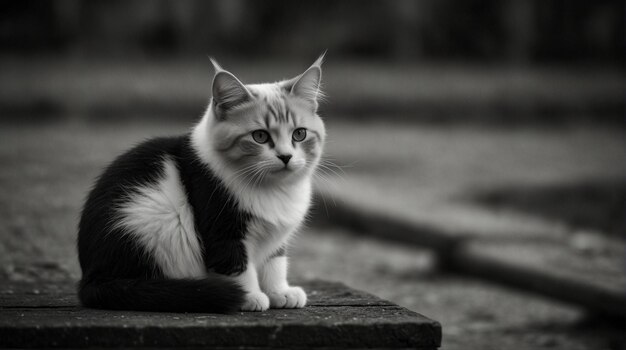 um gato está sentado em um banco de concreto com o nome de citação nele