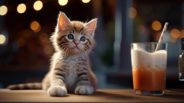 Um gato está sentado em um bar com um copo de cerveja atrás dele.
