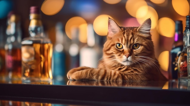 Um gato está sentado em um bar com um copo de cerveja na frente dele.