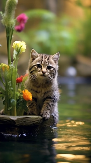 Um gato está sentado em um barco com flores ao fundo.