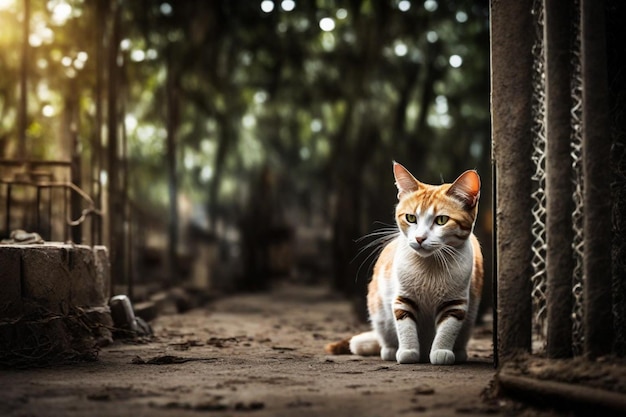 um gato está sentado em um caminho de terra em uma floresta