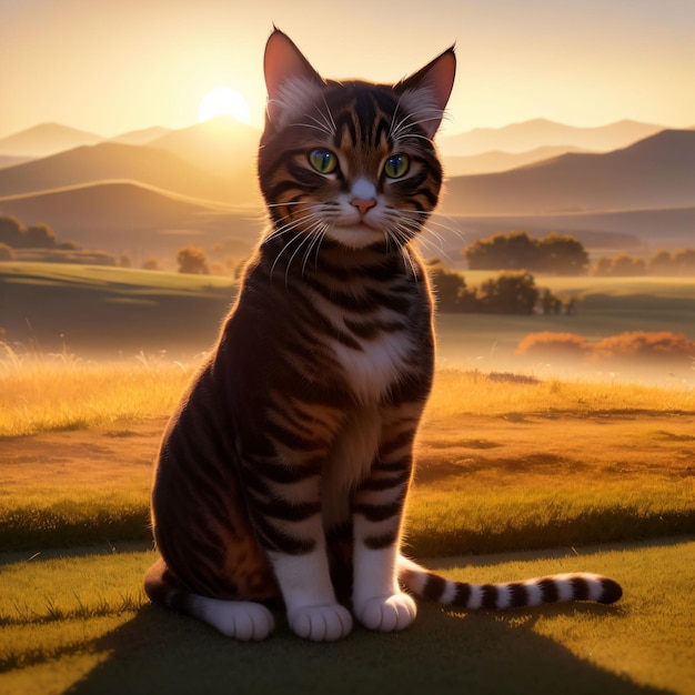 Um gato está sentado em um campo gramado com o sol se pondo atrás dele.