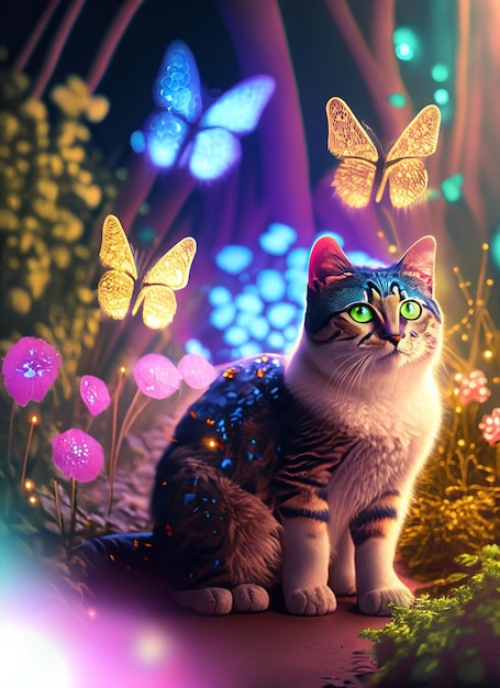 Um gato está sentado em um jardim colorido O gato está procurando por espécies e luzes brilhantes