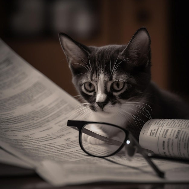 Um gato está sentado em um livro e lendo um livro.