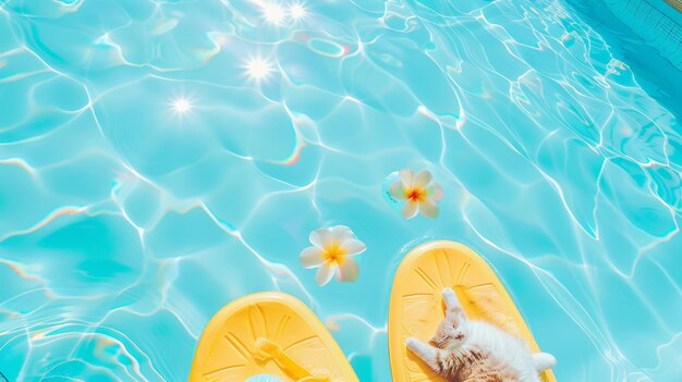 Foto um gato está sentado em um par de chinelos amarelos em uma piscina