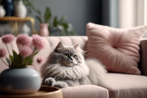 Um gato está sentado em um sofá com uma almofada rosa ao lado.