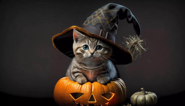 Um gato está sentado em uma abóbora com um chapéu de bruxa.