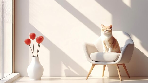 Um gato está sentado em uma cadeira ao lado de um vaso posicionado diante de uma janela