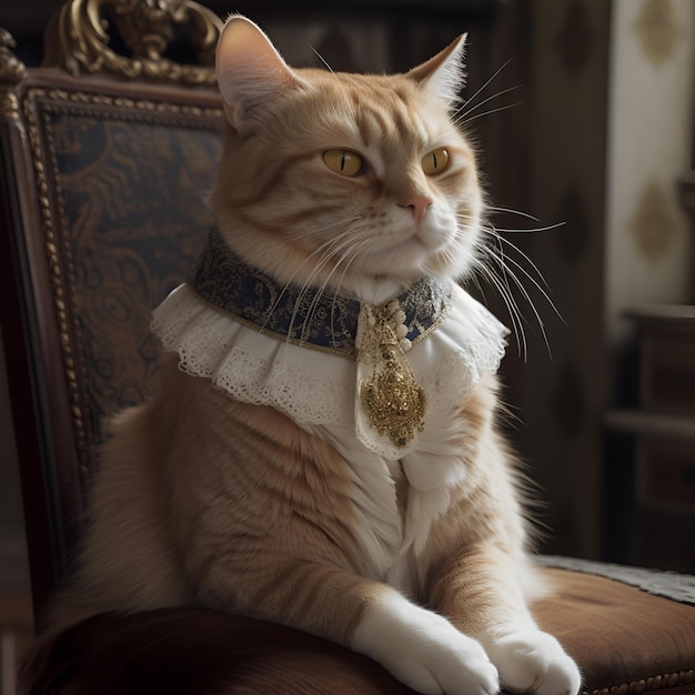 Um gato está sentado em uma cadeira usando uma coleira com um medalhão de ouro nela Generative AI