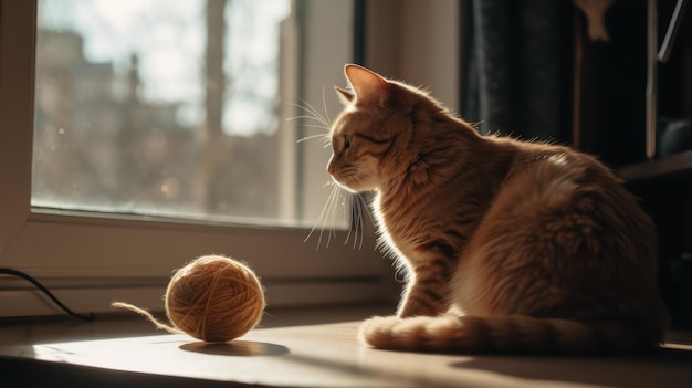 Um gato está sentado em uma mesa ao lado de um novelo de lã.