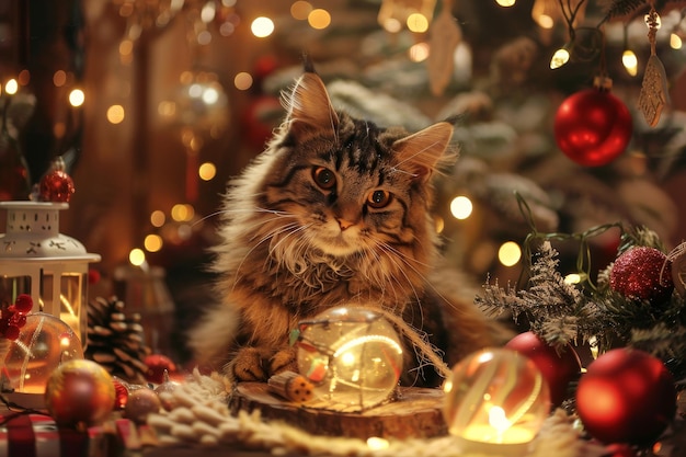 Um gato está sentado em uma mesa com decorações de Natal
