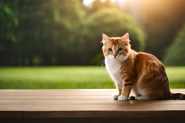 Um gato está sentado em uma mesa de madeira em frente a um campo verde.