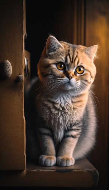 Um gato está sentado em uma mesa em frente a uma janela.