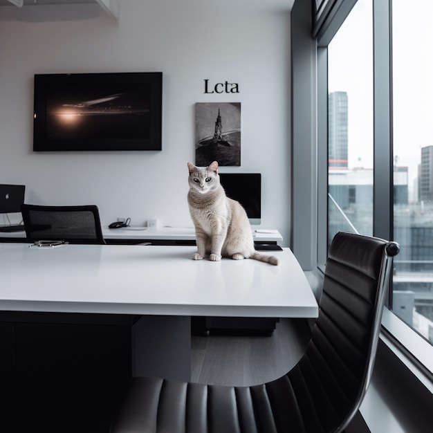 Um gato está sentado em uma mesa em frente a uma parede que diz lata.