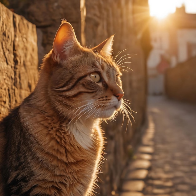 um gato está sentado em uma parede de pedra e olhando para o sol