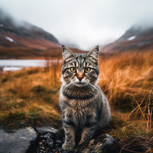 Um gato está sentado em uma pedra em um campo com montanhas ao fundo.