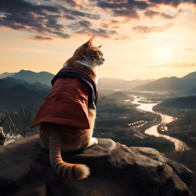 Um gato está sentado em uma pedra olhando para um rio e o sol está se pondo.