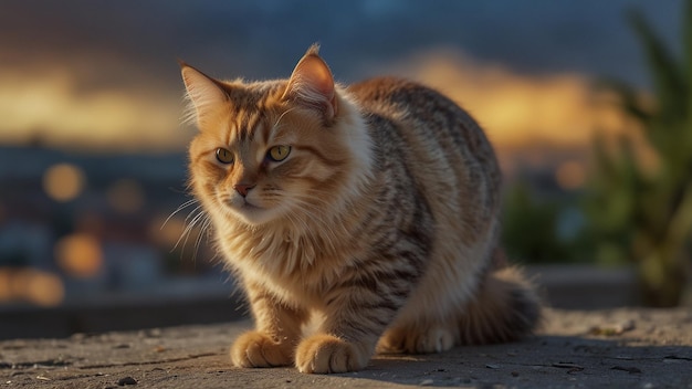 um gato está sentado em uma superfície de concreto com o sol atrás dele