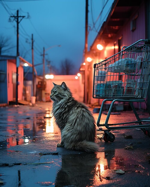 Foto um gato está sentado na frente de um carrinho de compras com um saco de comida nele.