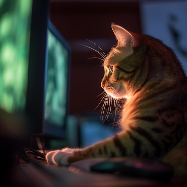 Um gato está sentado na frente de um monitor de computador e está olhando para uma tela verde.