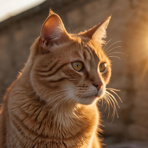 um gato está sentado na frente de uma parede com o sol brilhando sobre ele