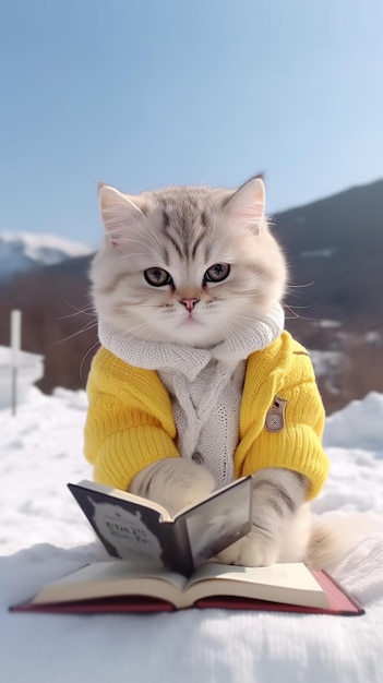 Dois gatos estão lendo um livro na neve.