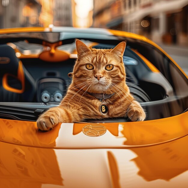 Foto um gato está sentado na parte de trás de um carro com a etiqueta de nome nele