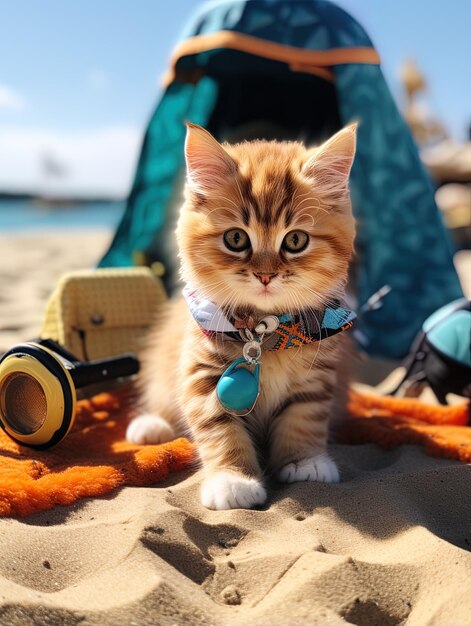 um gato está sentado na praia e olhando para a câmera