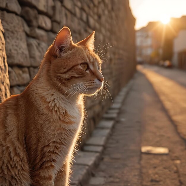 um gato está sentado na rua em frente a uma parede
