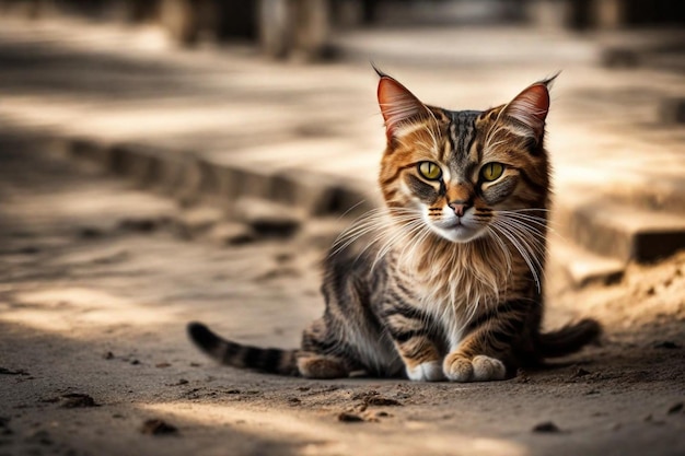 um gato está sentado no chão e olhando para a câmera