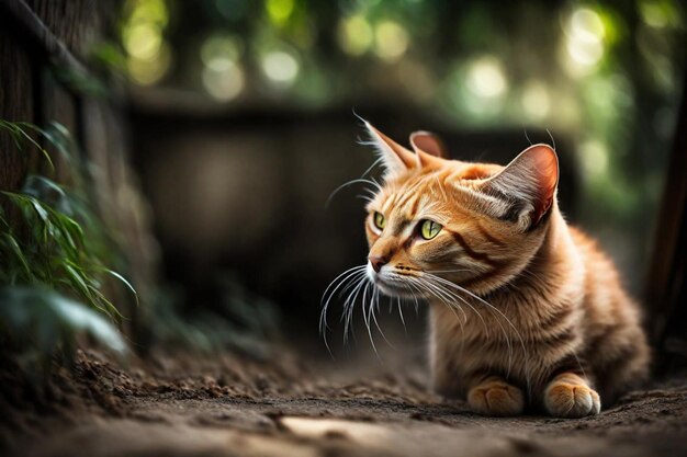 um gato está sentado no chão na frente de uma árvore