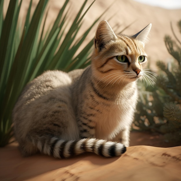 Um gato está sentado no deserto com uma planta verde ao fundo.