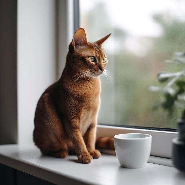 Um gato está sentado no parapeito de uma janela ao lado de uma xícara de café.