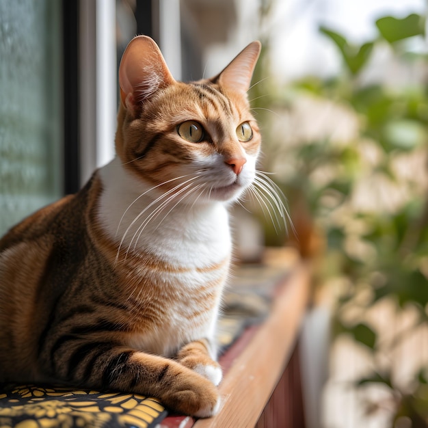 Um gato está sentado no parapeito de uma janela olhando pela janela.