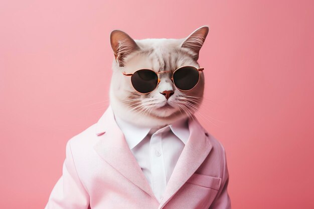 Um gato está usando óculos escuros e terno em fundo rosa