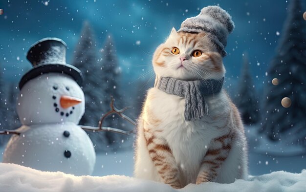 um gato está usando um chapéu e um homem de neve está de pé na neve