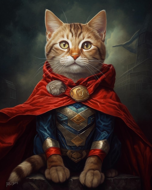 Um gato está vestido como um super-herói.