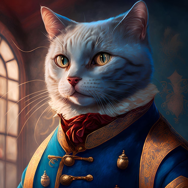 Um gato está vestindo um casaco azul que diz "a palavra gato" nele.