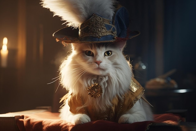 Um gato fantasiado com um chapéu e uma pena nele