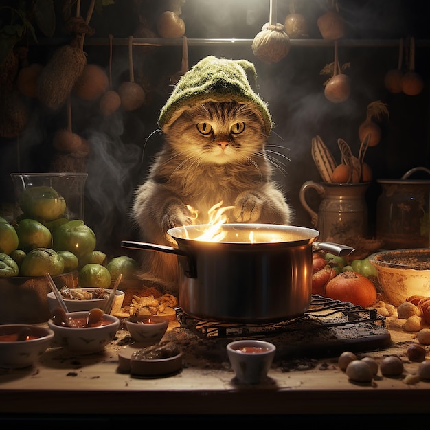 Um gato fazendo jantar em uma cozinha mágica cheia de cogumelos