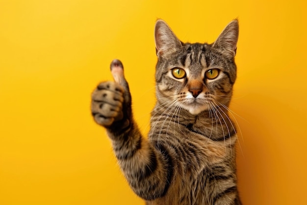 Um gato feliz antropomórfico dando um sinal de polegar para cima