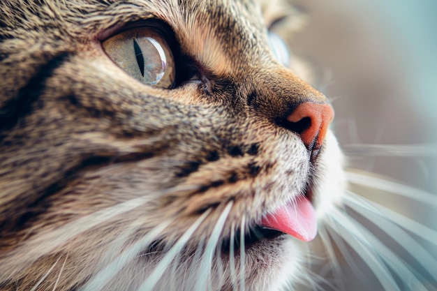 Um gato fofinho a lamber o lábio. IA generativa.