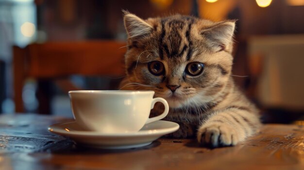 Um gato fofinho e dobrado colocou a pata numa chávena de café.