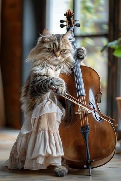 Um gato fofinho que usa um vestido está tocando violoncelo com um arco de violoncelo em uma casa moderna elegante