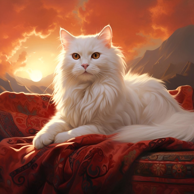 um gato fofo branco senta-se em um cobertor na frente de um pôr-do-sol