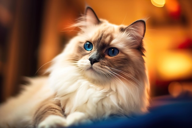 Um gato fofo com olhos azuis deitado em uma imagem de ai generativa de cama