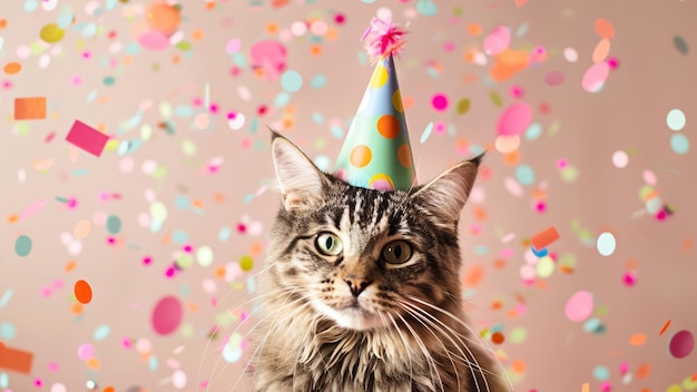 Um gato fofo com um chapéu de festa na cabeça está olhando para a câmera com confeti voando ao redor