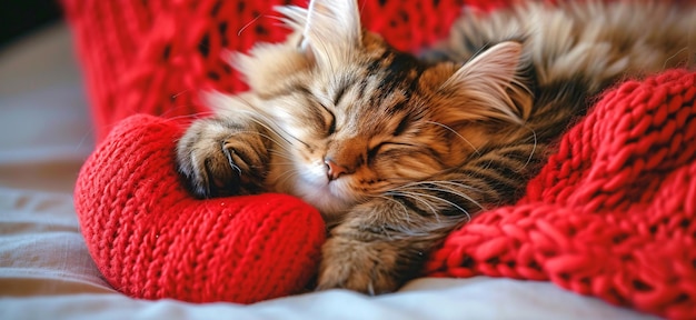 Um gato fofo e bonito dorme abraçando um brinquedo macio em forma de coração vermelho.