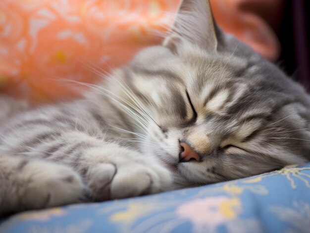 um gato fofo e contente a dormir em um raio de sol num sofá aconchegante