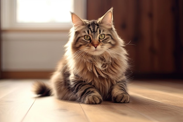 Um gato fofo e fofo encontra-se em uma sala em um piso de madeira